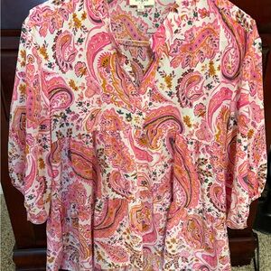 Umgee Pink and Orange Blouse with Mandarin Collar and 3/4 Sleeves